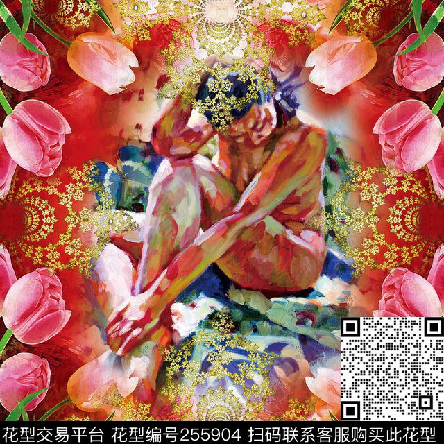 花卉郁金香人物数码知性方巾数码印花华亿平台下载（图片编号: 255904） - 瓦栏（Walan）