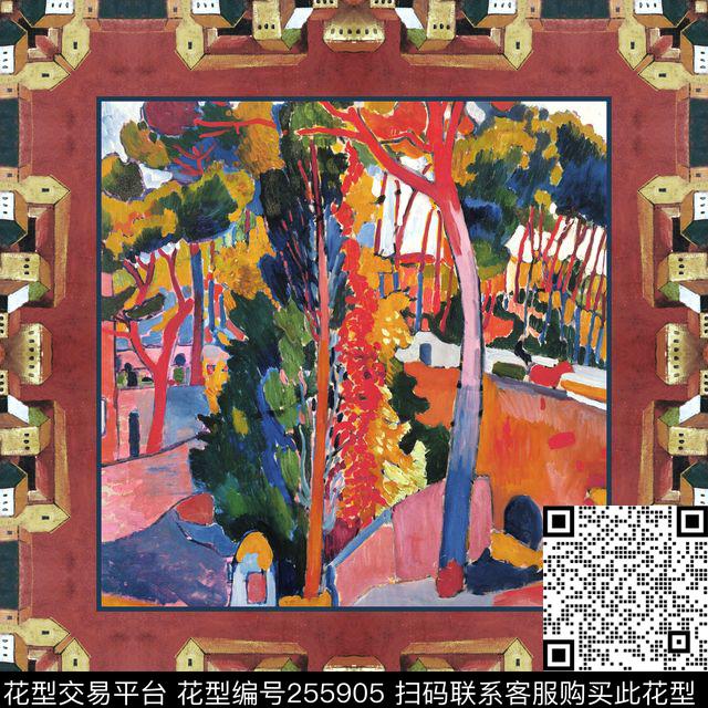边框部落风油画数码知性方巾数码印花华亿平台下载（图片编号: 255905） - 瓦栏（Walan）