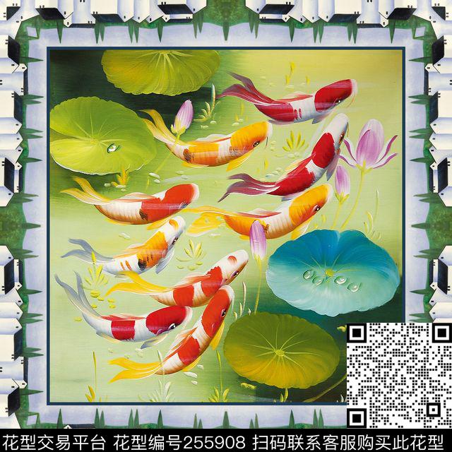边框方巾鱼荷叶荷花数码知性方巾数码印花华亿平台下载（图片编号: 255908） - 瓦栏（Walan）