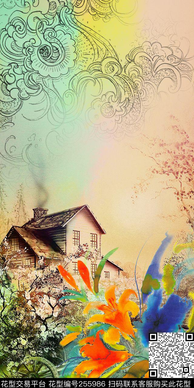 定位插画花卉房屋温馨时尚定位数码印花华亿平台下载（图片编号: 255986） - 瓦栏（Walan）
