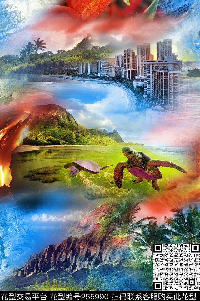 热带风情夏威夷海边椰树海景海岛海龟风景爆款散花数码印花华亿平台下载（图片编号: 255990） - 瓦栏（Walan）