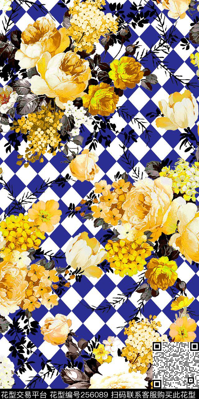 格子菱形花卉花卉格子传统印花华亿平台下载（图片编号: 256089） - 瓦栏（Walan）
