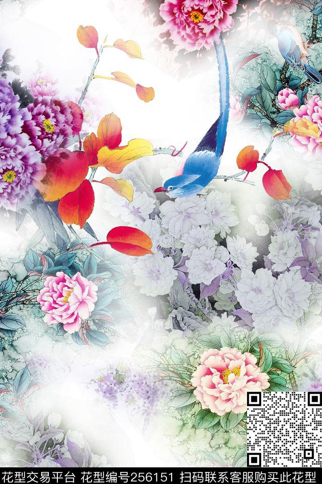 中国风水墨工笔牡丹花鸟清新淡雅水墨数码印花华亿平台下载（图片编号: 256151） - 瓦栏（Walan）