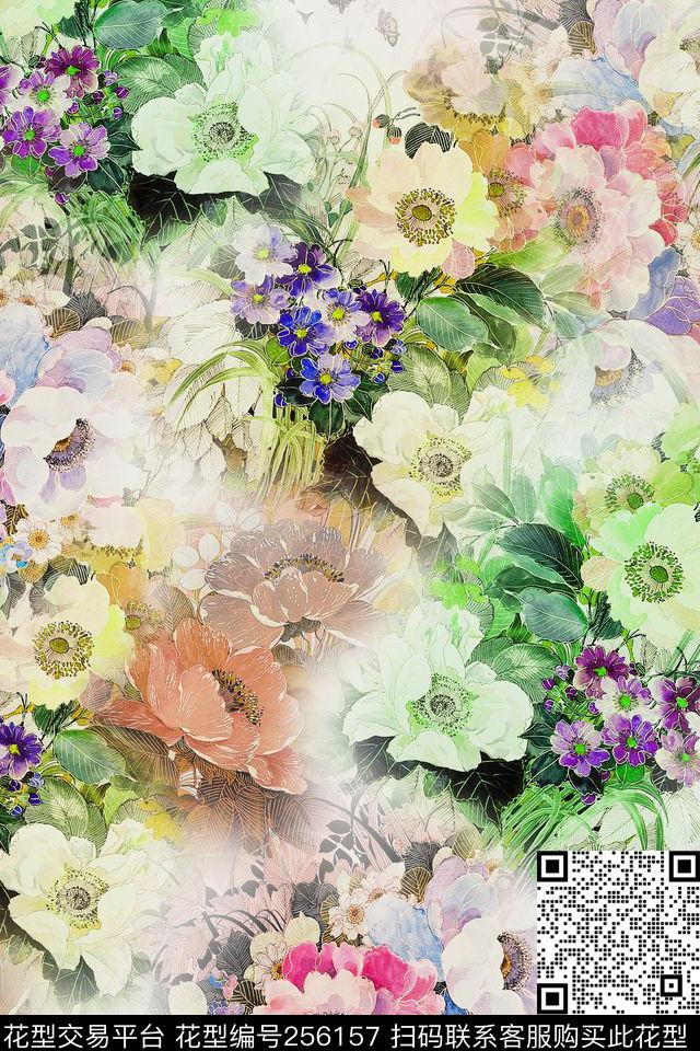 水彩花卉清新淡雅舒适家纺三毛——花卉数码印花华亿平台下载（图片编号: 256157） - 瓦栏（Walan）