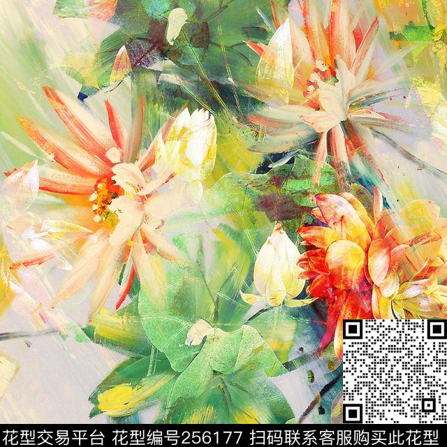 水彩笔触大花荷花荷叶油画肌理花卉纹理数码印花华亿平台下载（图片编号: 256177） - 瓦栏（Walan）