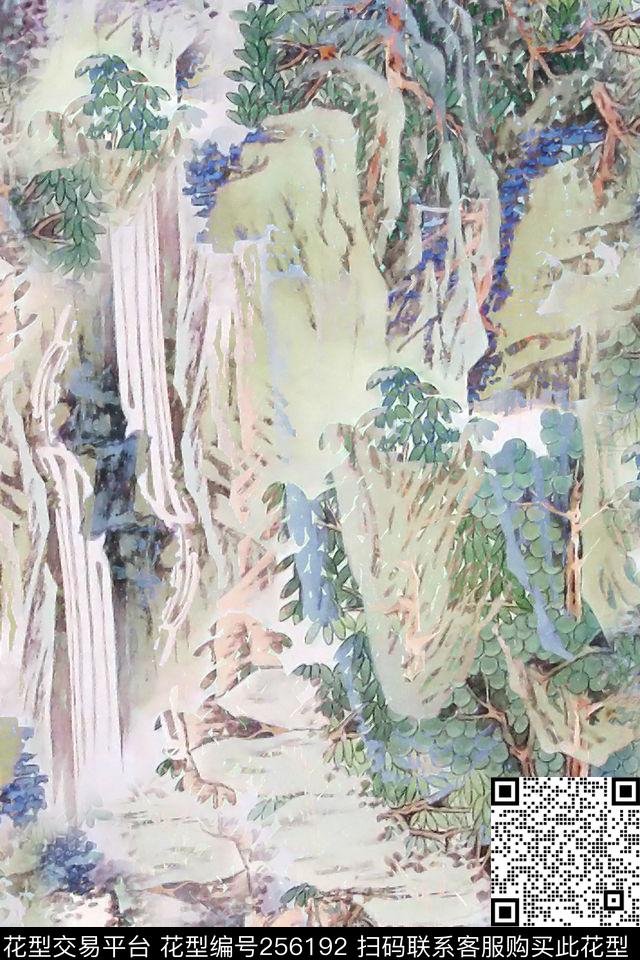 中国风山水水墨水彩清新淡雅大气深山休闲怀旧数码印花华亿平台下载（图片编号: 256192） - 瓦栏（Walan）