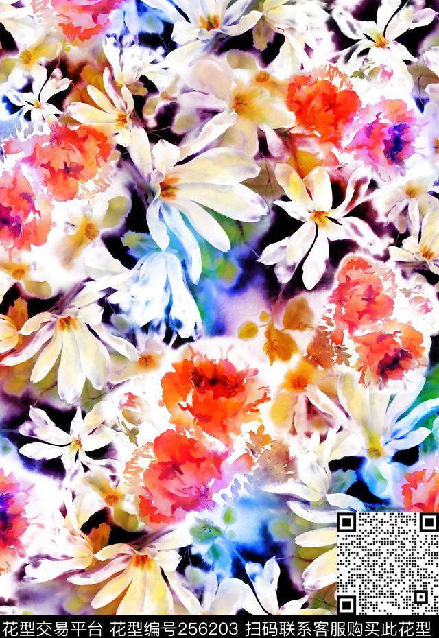 水彩水墨花卉清新时尚花卉水彩数码印花华亿平台下载（图片编号: 256203） - 瓦栏（Walan）