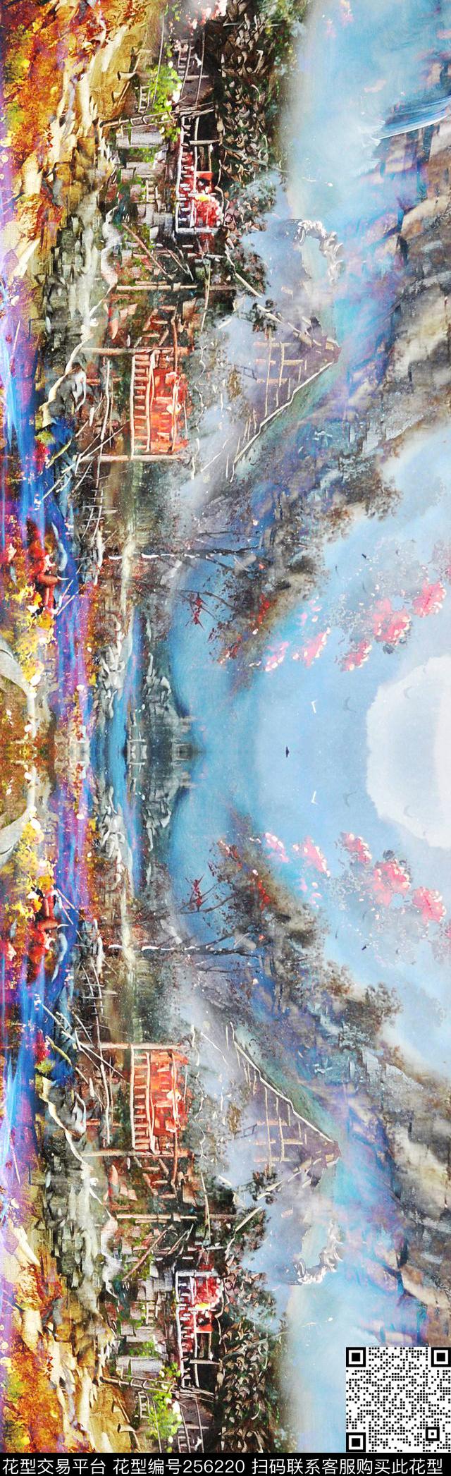 长巾对称油画风景城市部落田园休闲怀旧数码印花华亿平台下载（图片编号: 256220） - 瓦栏（Walan）