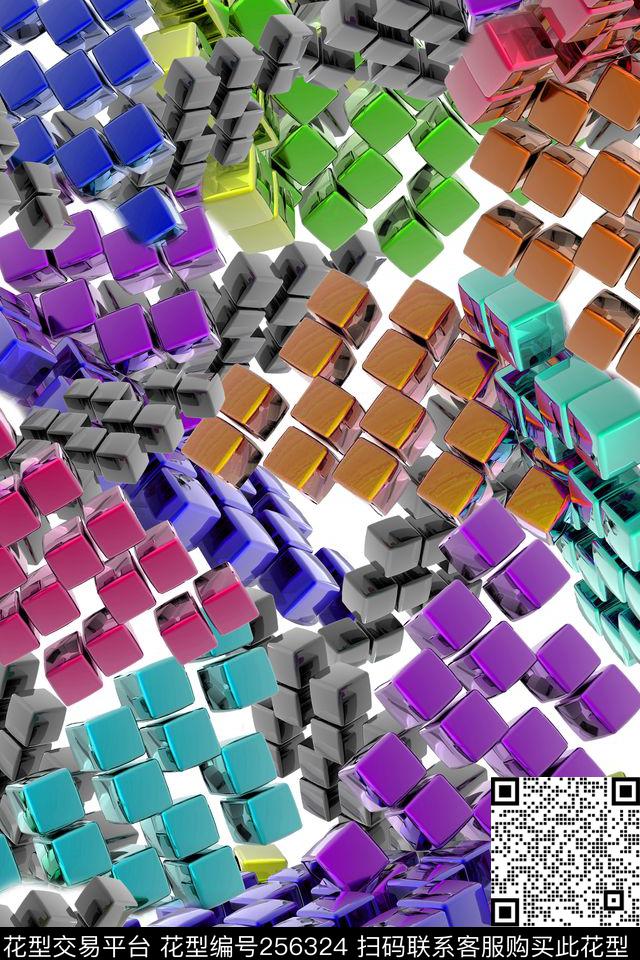 立体方块3D科技几何格子几何数码印花华亿平台下载（图片编号: 256324） - 瓦栏（Walan）