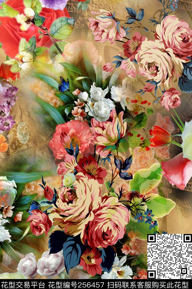 迷人花卉玫瑰时尚数码印花华亿平台下载（图片编号: 256457） - 瓦栏（Walan）