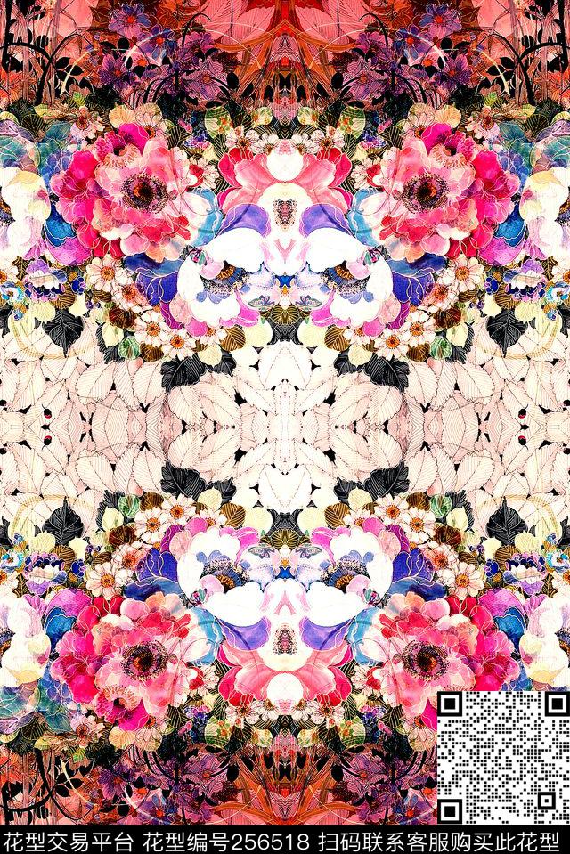 对称镜像花卉数码印花华亿平台下载（图片编号: 256518） - 瓦栏（Walan）