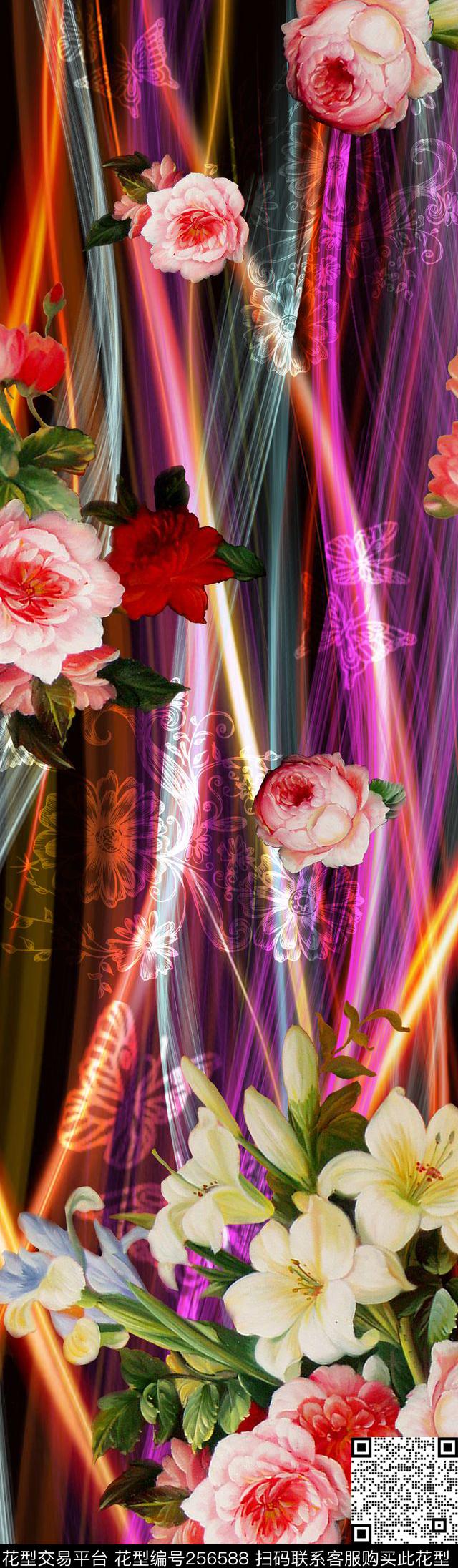 二方连续线条花卉数码印花华亿平台下载（图片编号: 256588） - 瓦栏（Walan）