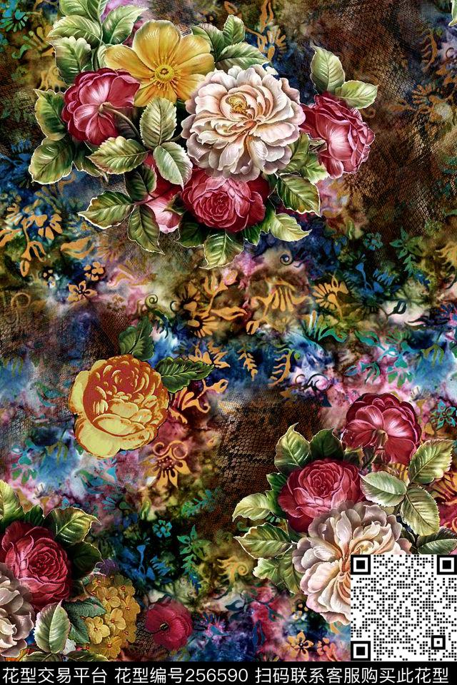 古典花卉老人服装老人装暗色调花卉数码印花华亿平台下载（图片编号: 256590） - 瓦栏（Walan）