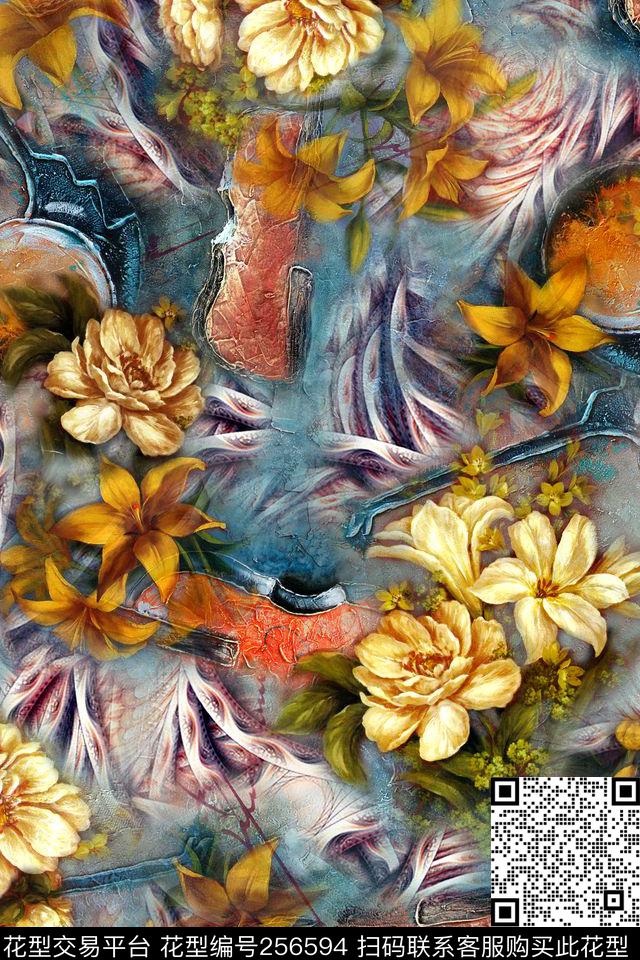 花卉油画肌理花卉数码印花华亿平台下载（图片编号: 256594） - 瓦栏（Walan）