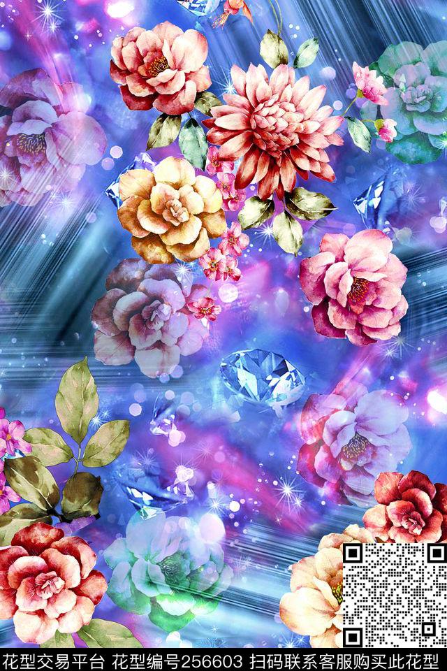 多彩花卉光线光感朦胧科技水彩花卉数码印花华亿平台下载（图片编号: 256603） - 瓦栏（Walan）