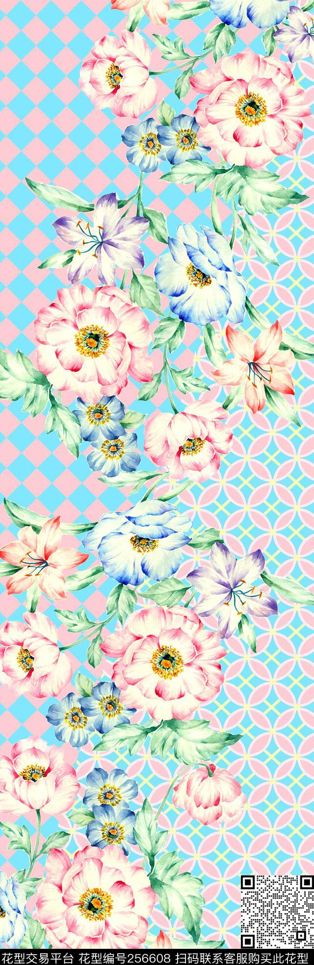 长巾边框花卉粉嫩小清新几何方格菱形长巾数码印花华亿平台下载（图片编号: 256608） - 瓦栏（Walan）
