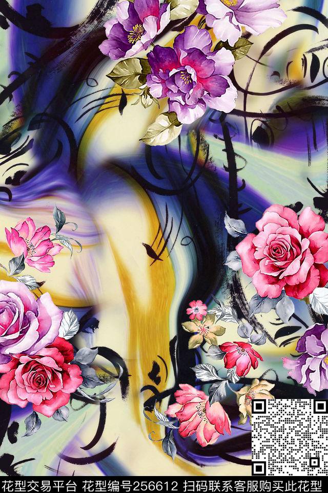 多彩花卉抽象花卉数码印花华亿平台下载（图片编号: 256612） - 瓦栏（Walan）