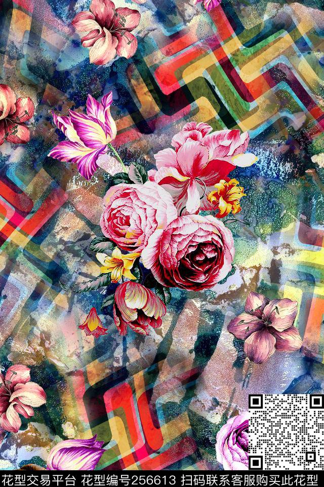 花卉多彩几何不规则条纹花卉数码印花华亿平台下载（图片编号: 256613） - 瓦栏（Walan）