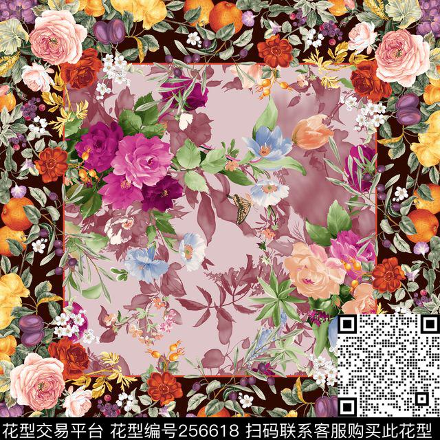 方巾花卉油彩边框数码印花华亿平台下载（图片编号: 256618） - 瓦栏（Walan）