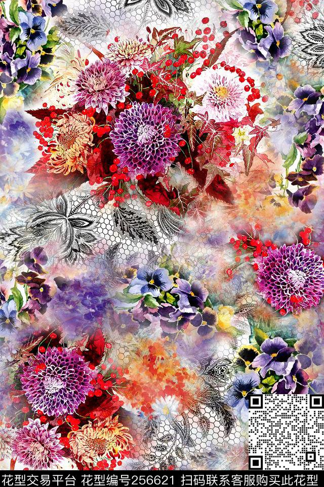 花卉蕾丝清新淡雅花卉数码印花华亿平台下载（图片编号: 256621） - 瓦栏（Walan）