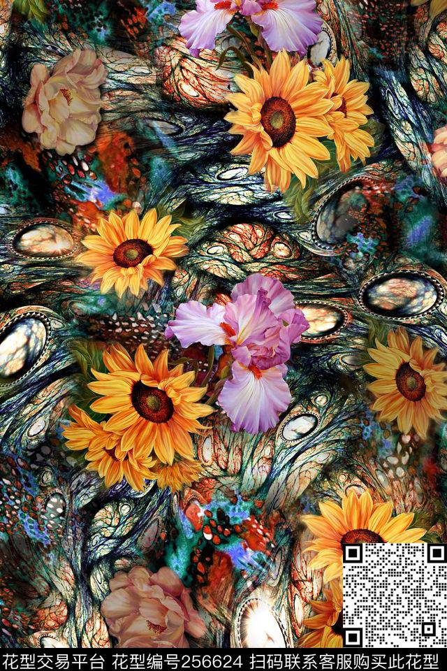 花卉老人服装老人装暗色调肌理炫彩花卉数码印花华亿平台下载（图片编号: 256624） - 瓦栏（Walan）