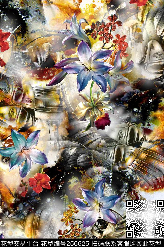 花卉老人服装老人装暗色调肌理炫彩花卉数码印花华亿平台下载（图片编号: 256625） - 瓦栏（Walan）