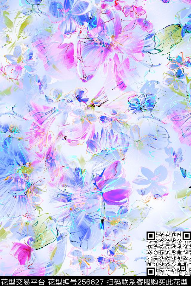 笔触花卉抽象轻盈花卉休闲数码印花华亿平台下载（图片编号: 256627） - 瓦栏（Walan）