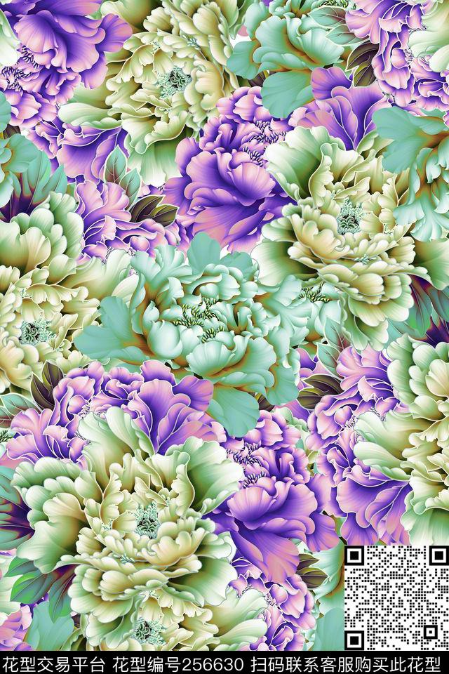 牡丹花卉满底花卉休闲数码印花华亿平台下载（图片编号: 256630） - 瓦栏（Walan）