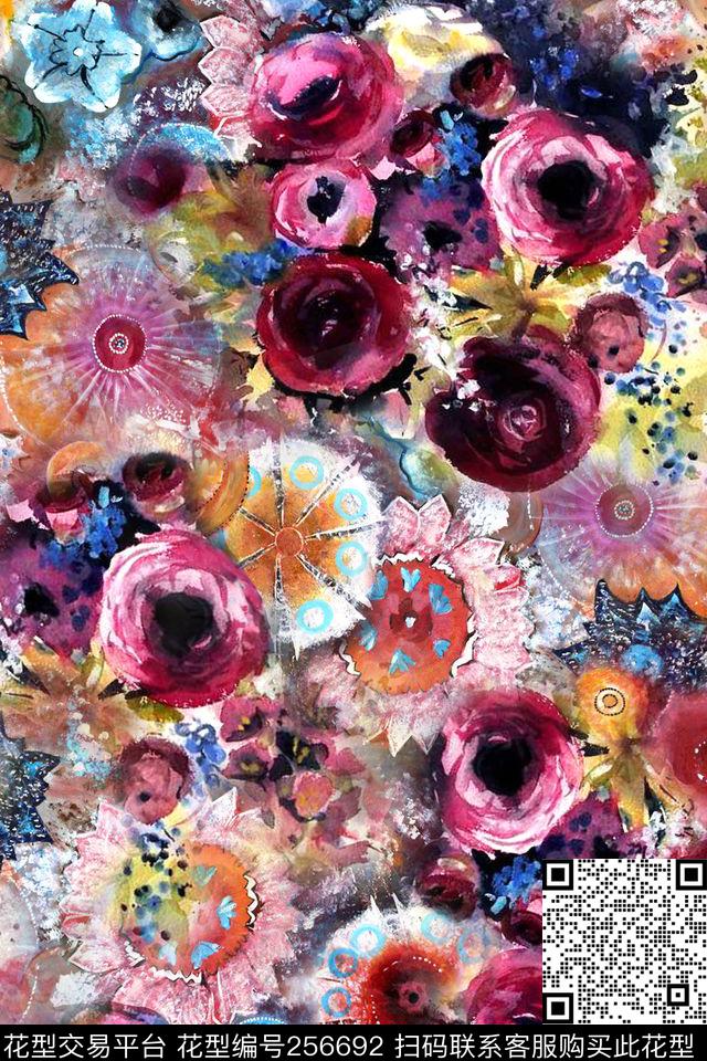 花卉老人服装老人装暗色调肌理手绘花卉数码印花华亿平台下载（图片编号: 256692） - 瓦栏（Walan）