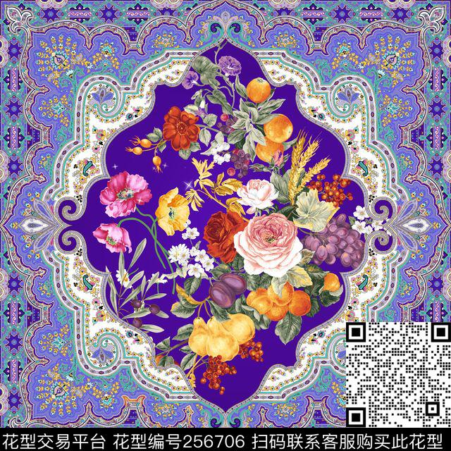 方巾欧式宫廷复古花卉数码印花华亿平台下载（图片编号: 256706） - 瓦栏（Walan）