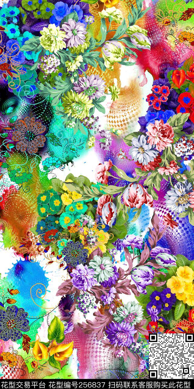 多彩花卉鲜艳花卉数码印花华亿平台下载（图片编号: 256837） - 瓦栏（Walan）