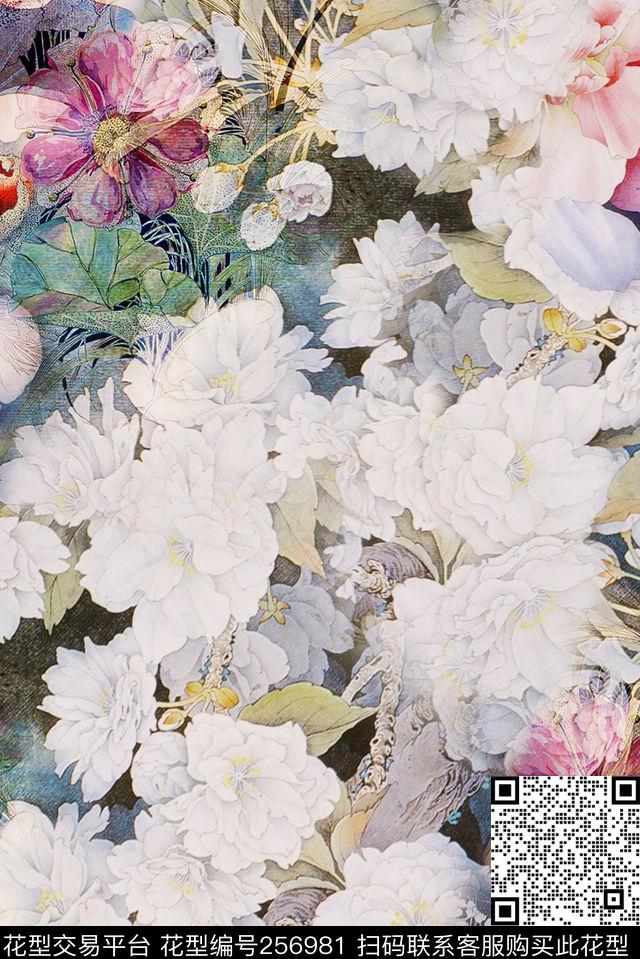 清新淡雅花卉数码印花华亿平台下载（图片编号: 256981） - 瓦栏（Walan）