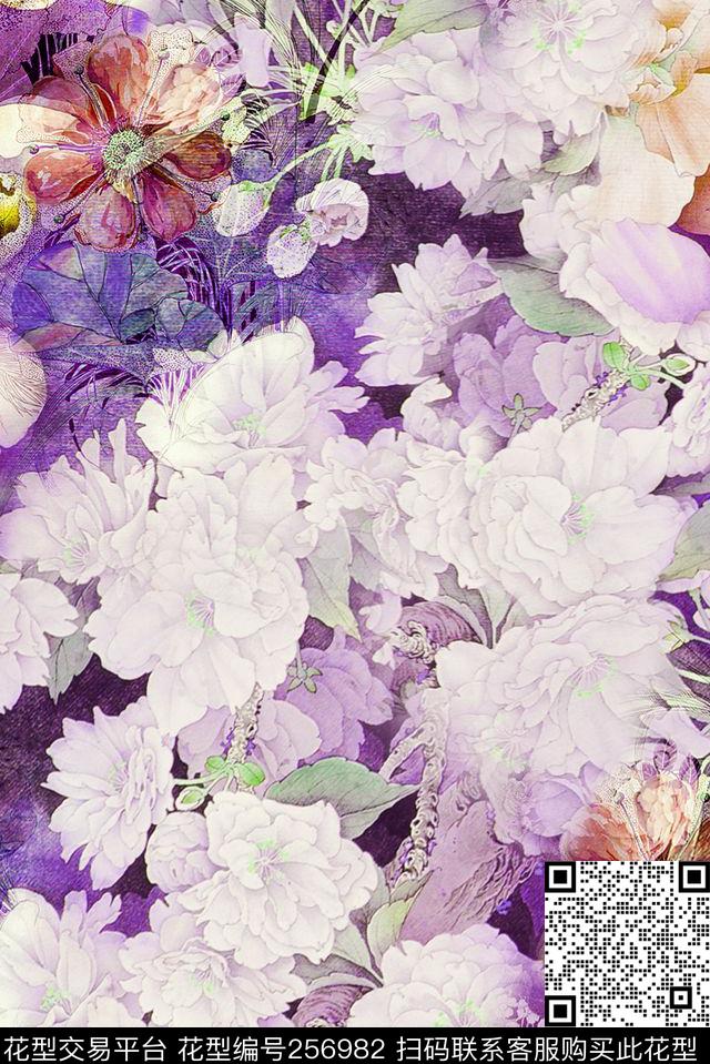 清新淡雅花卉数码印花华亿平台下载（图片编号: 256982） - 瓦栏（Walan）