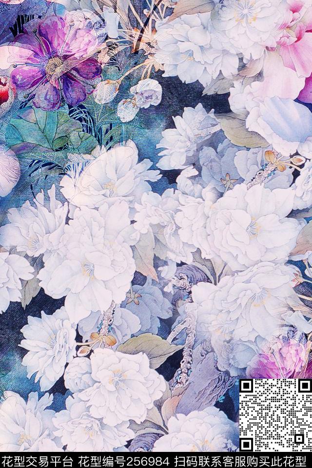 清新淡雅花卉数码印花华亿平台下载（图片编号: 256984） - 瓦栏（Walan）