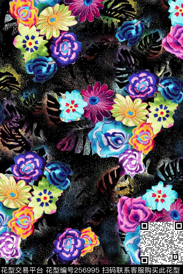 花卉粉笔效果暗黑花卉数码印花华亿平台下载（图片编号: 256995） - 瓦栏（Walan）