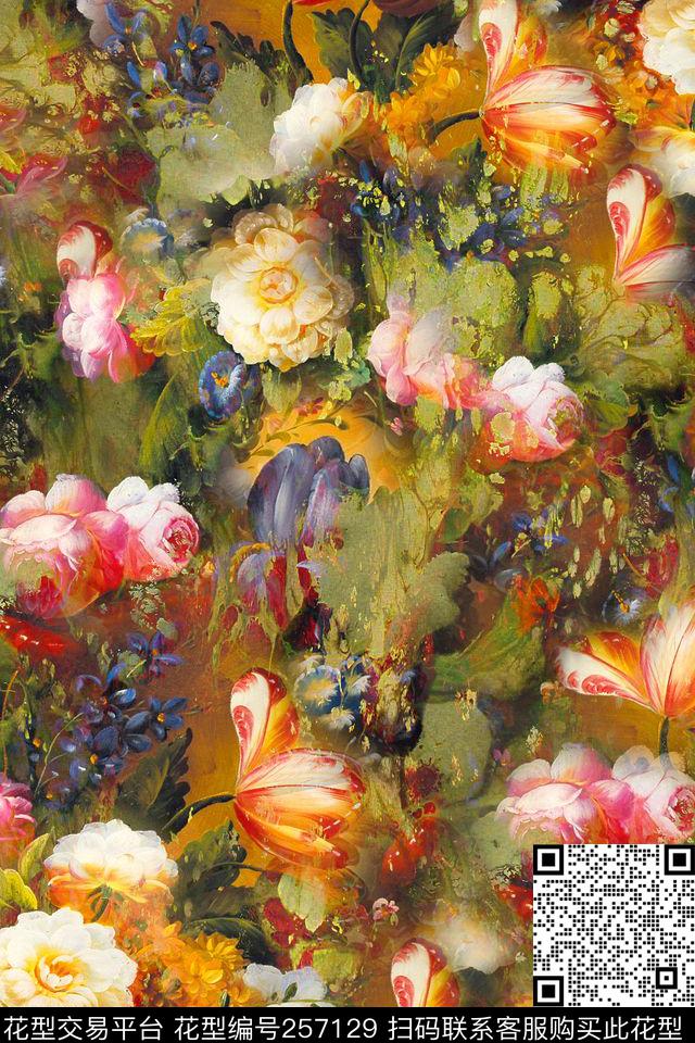 油画多彩迷人花卉花卉怀旧数码印花华亿平台下载（图片编号: 257129） - 瓦栏（Walan）