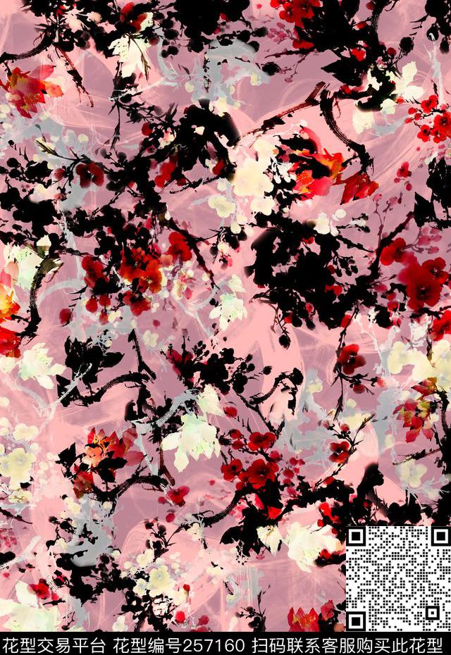 花卉水墨梅花红梅腊梅中国风花卉数码印花华亿平台下载（图片编号: 257160） - 瓦栏（Walan）