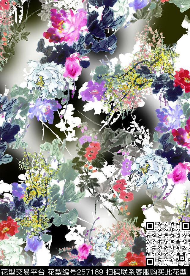 中国风水墨花卉花卉数码印花华亿平台下载（图片编号: 257169） - 瓦栏（Walan）