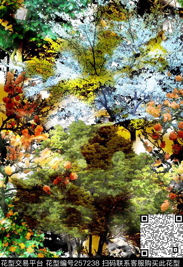 多彩树木树林风景植物风景数码印花华亿平台下载（图片编号: 257238） - 瓦栏（Walan）
