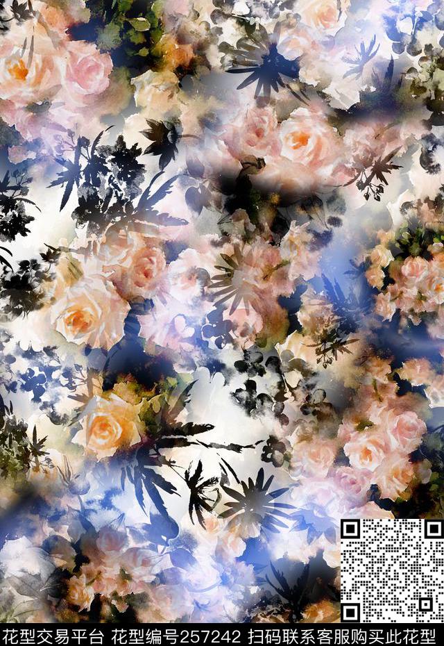 多彩水墨水彩效果花卉花朵花卉数码印花华亿平台下载（图片编号: 257242） - 瓦栏（Walan）