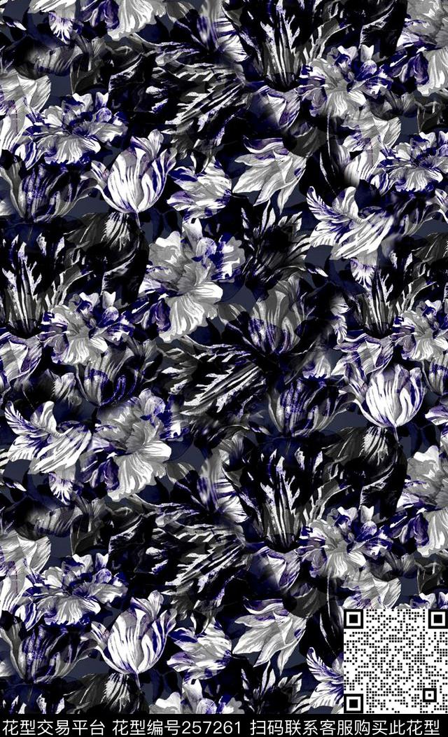 复古深色油墨画花卉黑底数码印花华亿平台下载（图片编号: 257261） - 瓦栏（Walan）