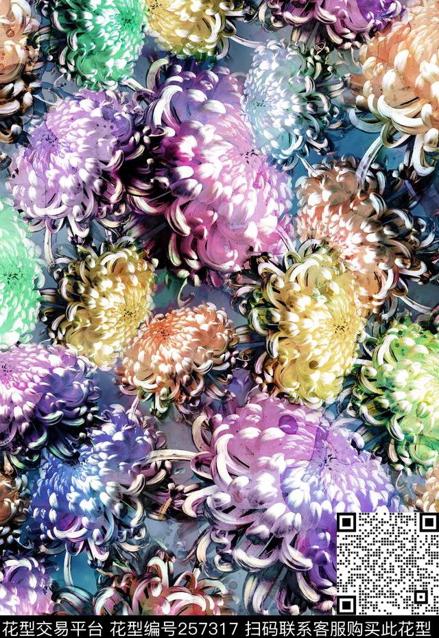 多彩水彩水墨效果菊花花卉花朵花卉数码印花华亿平台下载（图片编号: 257317） - 瓦栏（Walan）