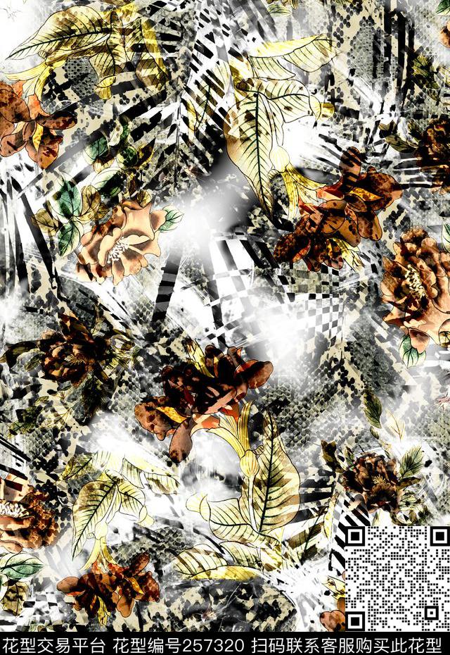 肌理动物纹蛇纹蛇皮树叶花卉花朵抽象花卉花卉组合数码印花华亿平台下载（图片编号: 257320） - 瓦栏（Walan）