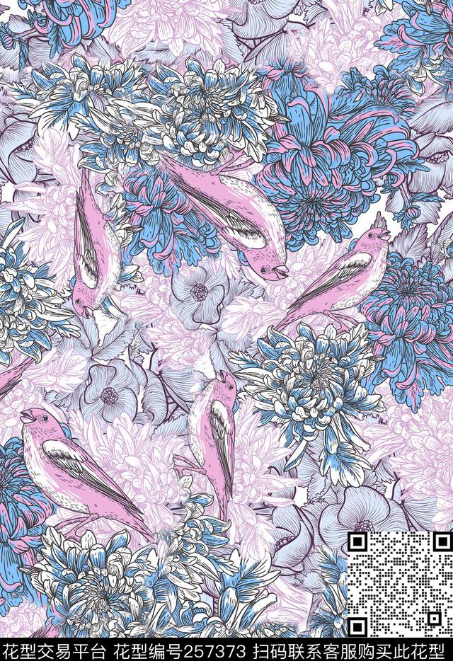 清新淡雅花卉菊花小鸟矢量效果花卉休闲数码印花华亿平台下载（图片编号: 257373） - 瓦栏（Walan）