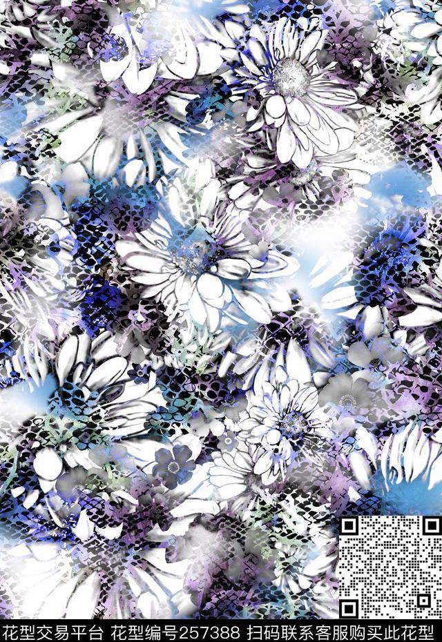 动物纹蛇纹花卉花朵花卉花卉组合数码印花华亿平台下载（图片编号: 257388） - 瓦栏（Walan）