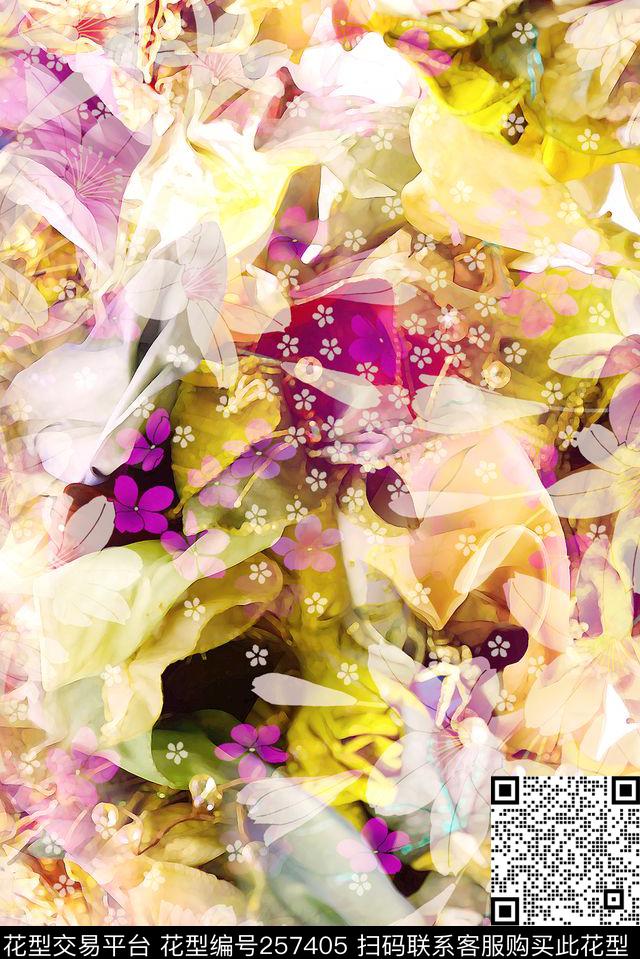 光线中国风花卉数码印花华亿平台下载（图片编号: 257405） - 瓦栏（Walan）