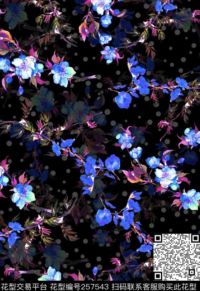 暗夜黑底波点水彩数码印花华亿平台下载（图片编号: 257543） - 瓦栏（Walan）