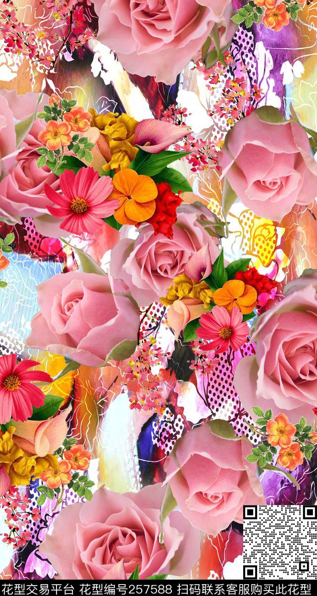 玫瑰浪漫粉色数码印花华亿平台下载（图片编号: 257588） - 瓦栏（Walan）