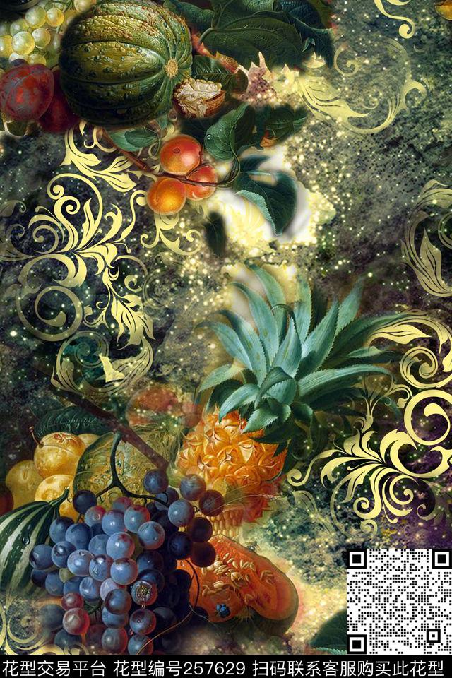 欧式果实卷草纹数码印花华亿平台下载（图片编号: 257629） - 瓦栏（Walan）