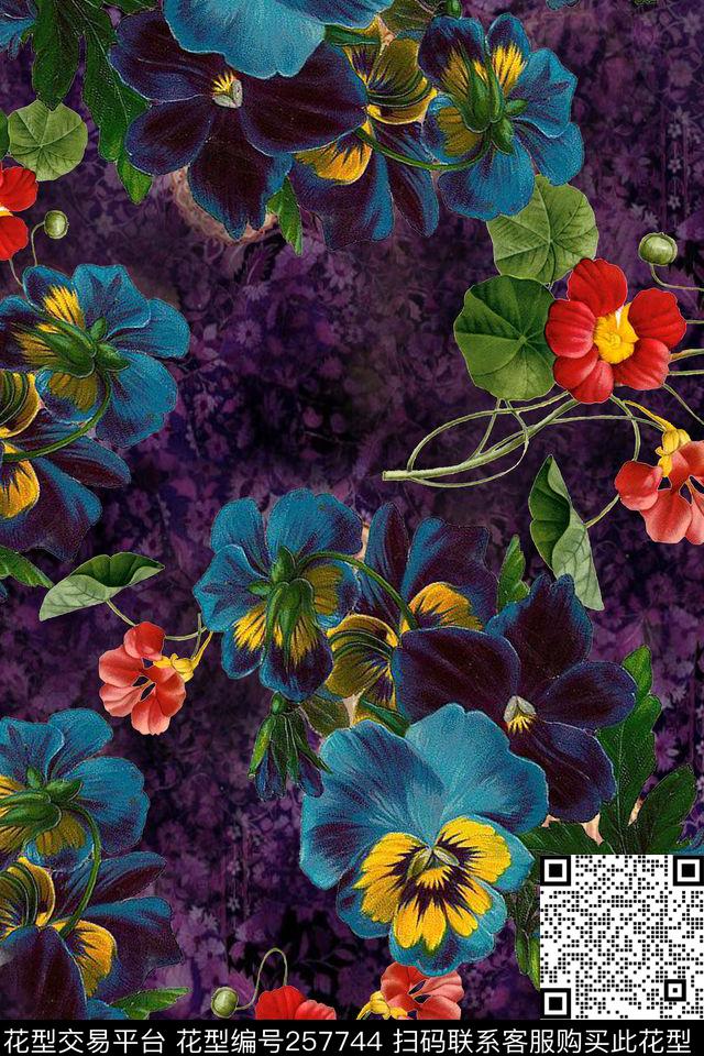 花卉高贵多彩数码印花华亿平台下载（图片编号: 257744） - 瓦栏（Walan）
